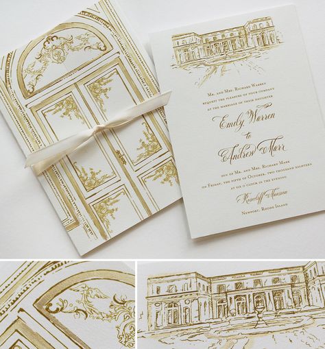 Architecture Wedding Invitation, Regal Wedding Invitations, Black Tie Wedding Invitations, Rosecliff Mansion, Gold Illustration, Recuerdos Primera Comunion Ideas, Painted Wedding Invitation, Watercolour Wedding Stationery, Architectural Rendering