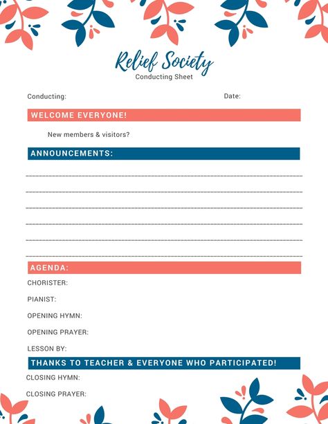 Relief Society Conducting Sheet Template. Free Printable.  #LDS #reliefsociety #conductingsheet #freeprintable Lds Relief Society Conducting Sheet, Relief Society Agenda Templates, Relief Society Conducting Sheet Free 2023, Relief Society Presidency Meeting Agenda Free Printables, Relief Society Activity Planning Sheet, Relief Society Conducting Sheet Free, Relief Society Conducting Sheet, Relief Society Birthday Gifts, Relief Society Quotes