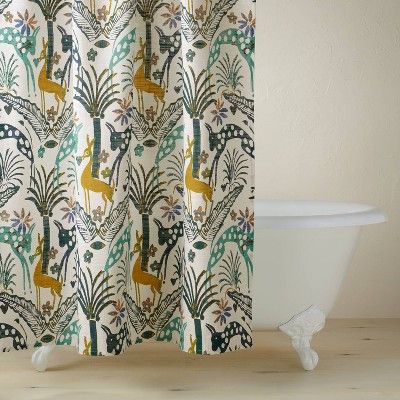 Shower Curtain Color, Ceiling Covering, Bathroom Waste Basket, Decorative Wall Sculpture, Cabin Bathroom, Decorative Shelving, Apartment Life, Shower Curtain Decor, Jungle Print