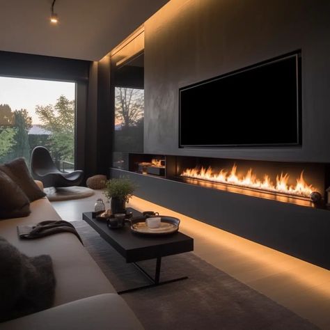 Tv Wall Design Fireplace Modern, Tv Above Modern Fireplace, Diy Electric Fireplace Surround With Storage, Recessed Fireplace Ideas, Modern Fireplace Hearth Ideas, 85 Inch Tv On Wall With Fireplace, Tv Wall Design Contemporary, Luxury Electric Fireplace, Tv Wall Decor Fireplace