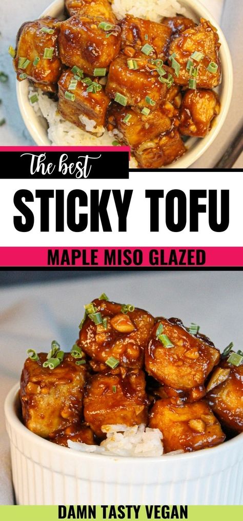 Sticky tofu in a white bowl topped with chives Tofu Miso Recipes, Sticky Garlic Tofu, Miso Tofu Stir Fry, Best Vegan Tofu Recipes, Miso Glazed Tofu, Sticky Tofu Bowl, Crispy Sticky Tofu, Hibachi Tofu, Tofu And Sweet Potato Recipes