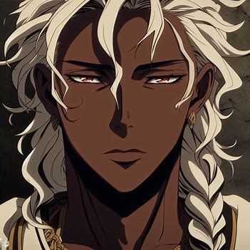 Black Clover screencap of a brown male with chocolate skin, long braid white hair, red eyes, hot face , lips , nose, rugged jaw. He is handsome and hot. He is wearing a gold outfit - Image Creator from Microsoft Designer Black Character Design Male White Hair, Dark Skinned Male Oc, Dark Skin Light Hair Character Design, Dark Skin White Hair Male Character Art, Dark Skin White Hair Character, Black Hair Gold Eyes Anime Guy, Black Man White Hair, Black Skin White Hair, Dark Skin White Hair