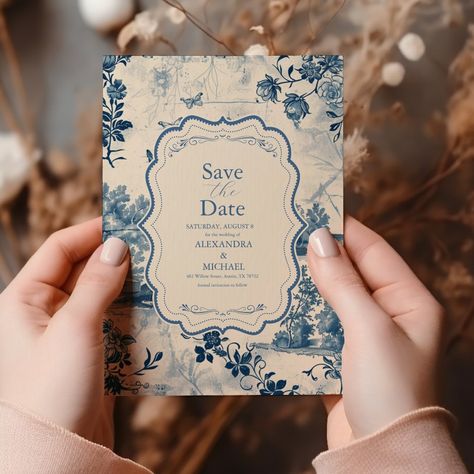 Victorian Dusty Blue French Toile Wedding Save The Date Toile Wedding, French Blue Wedding, Blue Floral Wedding, Wedding Festivities, French Toile, Blue Toile, Vintage Aesthetics, Blue French, Save The Date Card