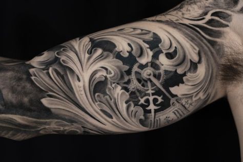 Greek Clock Tattoo, Clock Filigree Tattoo, Filligree Tattoos, Mens Filigree Tattoo, Tato Lingkaran, Baroque Tattoo, Inside Of Arm Tattoo, Inner Bicep Tattoo, Filigree Tattoo