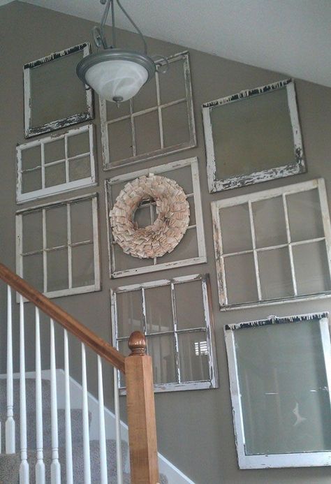 old window ideas crafts | Are you looking from more? Check out these fabulous design ideas! Stairs Wall, Doorway Decor, Old Window Frame, Stair Riser, Stairs Ideas, Window Projects, Wall Decorating, Creative Interior Design, Stair Case