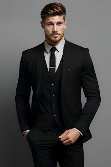 Men Black Three Piece Tuxedo Suit For Groomsman Black 3 Piece Suit Men, Suit For Groomsmen, 3 Piece Suit Men, Three Piece Suits, Suits Tuxedo, Christmas Party Wear, Suit 3 Piece, Black Suit Men, Dinner Suit