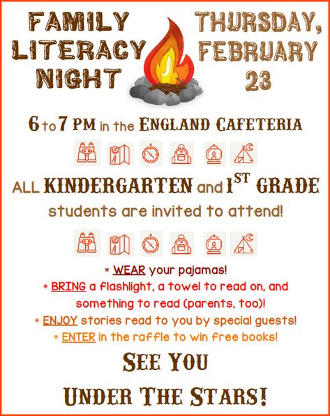 Literacy Night Themes Ideas, Parent Involvement Night Ideas Elementary, Literacy Night Ideas Elementary, Camp Literacy Night, Fall Literacy Night, Family Reading Night Themes, Family Reading Night At School, Science Of Reading Parent Night, Camp Read A Lot Literacy Night