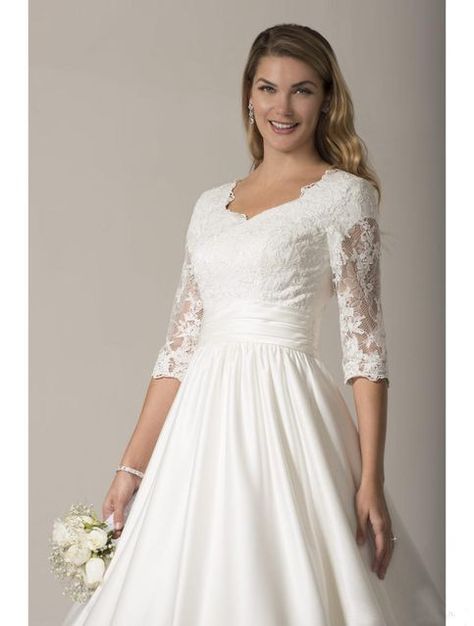 Modest Wedding Dresses Ball Gown, Gowns Modest, Modest Bridal Gowns, Satin Bridal Gowns, Mesh Embroidery, Modest Wedding Gowns, Wedding Gowns With Sleeves, Lace Gown Styles, White Wedding Gowns