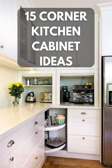 Unlock the potential of every corner with these 15 innovative kitchen cabinet ideas! From chic pull-outs to smart organizers, find the perfect blend of style and functionality for your space. 🛠️✨ #KitchenDesign #SpaceSavingIdeas #GoTinySpace Built In Pantry Cabinet Wall Corner, Ideas For Corner Kitchen Cabinets Spaces, Corner Appliance Garage Ideas, Farmhouse Kitchen Corner Cabinet, Pull Up Kitchen Cabinet, L Shape Kitchen Cabinet Design, Lower Kitchen Corner Cabinet Ideas, Fridge Next To Corner Cabinet, Open Corner Base Cabinet