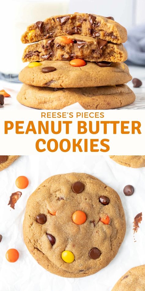 These peanut butter cookies are the ultimate recipe for thick, pudgy, chewy cookies. They're packed with chocolate chips and Reese's Pieces for the perfect peanut butter cookie #peanutbutter #reesepieces #bakerycookies #recipe from Just So Tasty https://www.justsotasty.com/ultimate-peanut-butter-chip-peanut-butter-cookies/ Recess Peanut Butter Cookies, Reeses Pieces Dessert Recipes, Reese Pieces Cookies, Reeses Brownies Recipe, Ultimate Peanut Butter Cookies, Peanut Butter Baking, Colossal Cookies, Peanut Butter Cookie Recipe Soft, Bakery Style Cookies