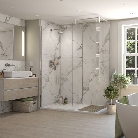 Plywood Wall Paneling, Waterproof Wall Panels, Easy Bathrooms, Marble Bathrooms, Bathroom Shower Panels, White Marble Bathrooms, Showroom Inspiration, Plywood Walls, Marble Showers