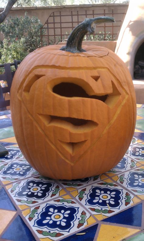 Aaron's Superman Pumpkin Superman Pumpkin Carving, Superman Pumpkin, Pumpkin Carving Kits, 7 Year Anniversary, 90s Fashion Outfits Hip Hop Party, Scary Pumpkin Carving, Halloween Pumpkin Designs, Pumpkin Designs, Pumpkin Carvings