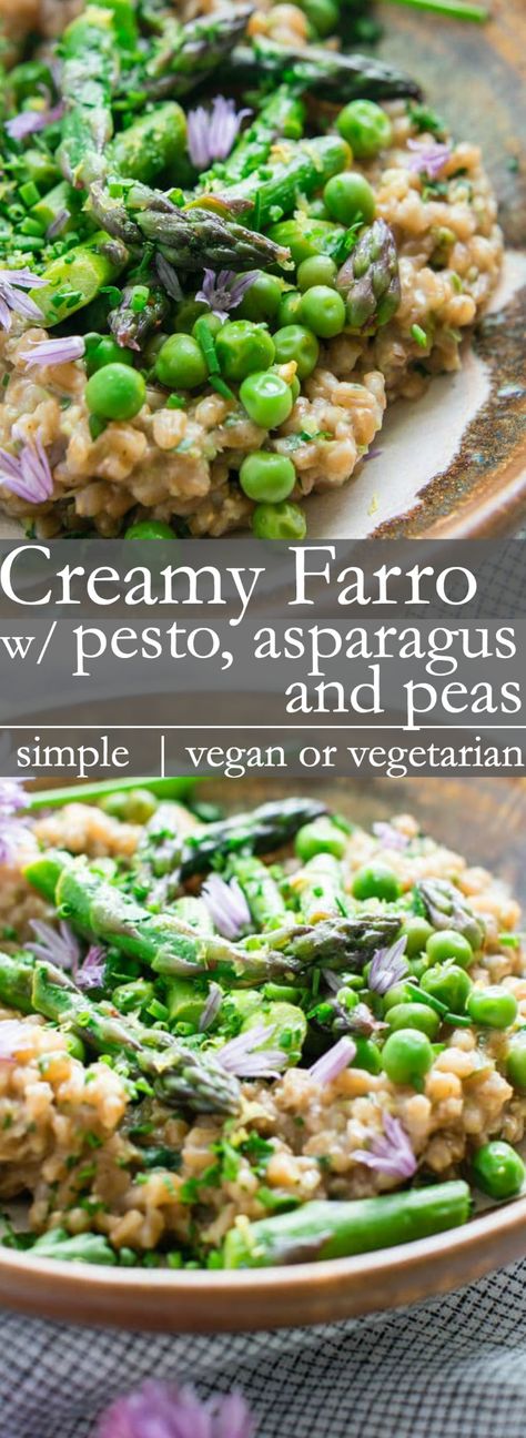 Farro And Asparagus Recipes, Trader Joe’s Vegan Pesto Recipes, Spring Pea Recipes, Recipes With Farro, Spring Vegetarian Recipes, Creamy Farro, Pesto Asparagus, Spring Recipes Vegetarian, Asparagus And Peas