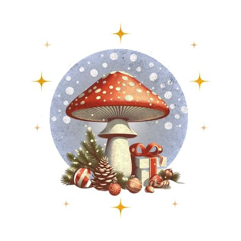 Cottagecore Christmas Art, Christmas Mushroom Painting, Christmas Mushroom Illustration, Christmas Mushrooms, Christmas Mushroom, Christmas Cottagecore, Merry Mushroom, Mushroom Cottagecore, Mushroom Christmas