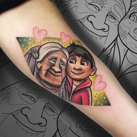 Coco The Clown Tattoo, Coco Disney Tattoo Ideas, Coco Tattoo Disney, Disney Up Couples Tattoos, Coco Tattoo, Coco Guitar Tattoo, Ancient Tattoo, Geek Tattoo, Real Tattoo