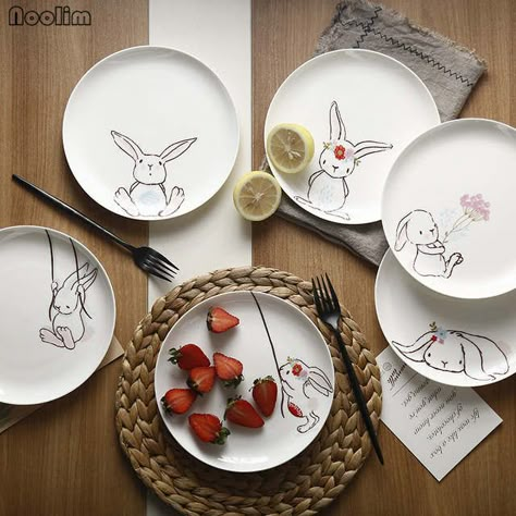 Online Shop NOOLIM 1PC 8 inch Ceramic Dinner Plate Rabbit Animal Dinner Dishes Pasta Steak Dessert Plates Fine Bone China Kitchenware | Aliexpress Mobile Bunny Desserts, Rabbit Dishes, Rabbit Plate, Easter Plates, Ceramic Bunny, Rabbit Gifts, Pottery Painting Designs, China Plates, Dessert Plates