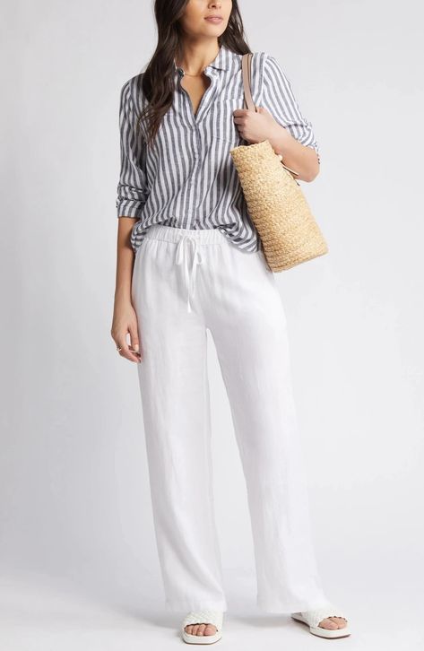 12 Pairs Of White Pants That Will Look Amazing All Summer - Brit + Co Linen Pants Outfit Work, Wide Leg Linen Pants Outfit, Linen Pants Outfit Summer, White Linen Pants Outfit, Cream Linen Pants, Pants Outfit Work, Drawstring Pants Outfit, Summer Pants Outfits, White Pants Outfit