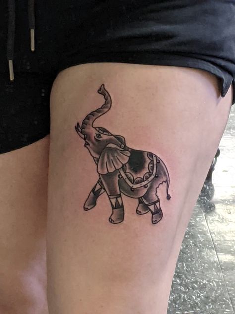 Elephant tattoo. American traditional. Eat your elephant one bite at a time Elephant Tattoos Traditional, American Traditional Elephant Tattoo, Old School Elephant Tattoo, American Traditional Elephant, Vintage Elephant Tattoo, Traditional Style Elephant Tattoo, Elephant Back Piece Tattoo, Traditional Elephant Tattoo, Traditional Tattoo Elephant