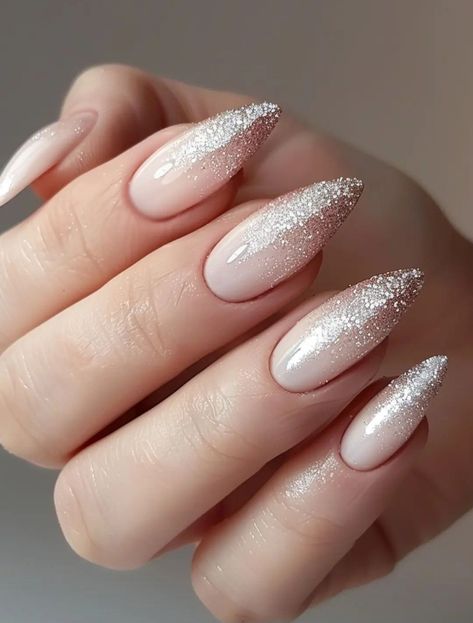 Glitter Shading Nails, Elegant Nye Nails, Glitter Tips Almond Nails, Neutral Party Nails, New Years Nails Ombre, Subtle Design Nails, New Year Nail Inspo 2024, Mew Years Nail Ideas, Gold Sparkle Tip Nails