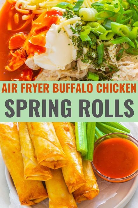 Buffalo Spring Rolls, Spring Roll Wraps Recipes, Recipes With Spring Roll Wrappers, Air Fryer Spring Rolls Recipe, Spring Roll Wrapper Recipes, Shredded Chicken And Cream Cheese, Buffalo Chicken Spring Rolls, Chicken Spring Roll Recipe, Air Fryer Spring Rolls