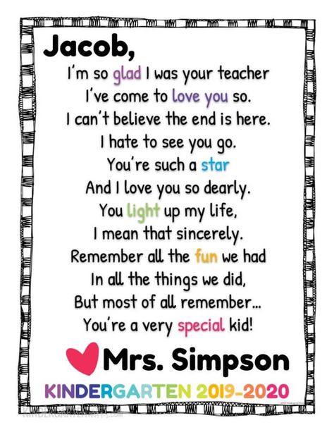 Free Editable Goodbye Letter for the End of the Year https://www.kindergartenworks.com/teacher-tools/goodbye-letter/ Goodbye Poem From Teacher, End Of Year Poem For Preschoolers, Poem To Students From Teacher, End Of School Year Letter To Students, End Of Year Teacher Poem To Students, End Of Year Poems From Teacher, End Of Kindergarten Poem, Letter From Your Teacher End Of Year, Goodbye Letters To Students