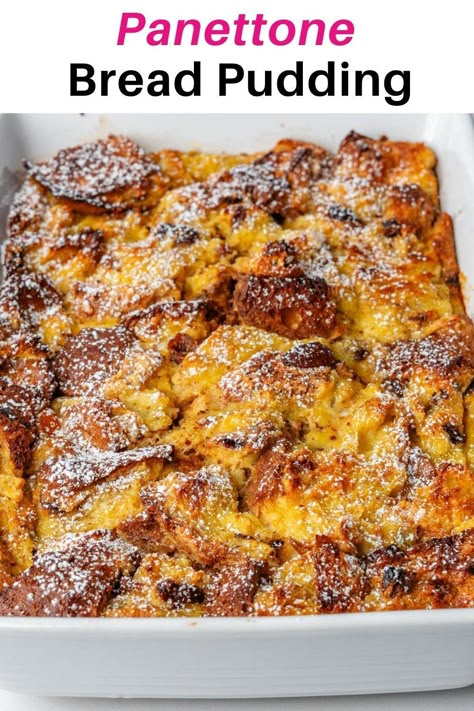 This Panettone Bread Pudding is the perfect cozy holiday dessert or brunch to share with family and friends. It's warm, custardy and super easy to make! Hot Chocolate Bread Pudding Food Network, Bread Pudding Recipes Best, Bread Pudding With Panettone, Italian Bread Pudding Recipe, Bread Pudding Panettone Recipe, Easy Bread Pudding Quick And, Panettone Bread And Butter Pudding, Recipes With Panettone, Panetone Bread Pudding