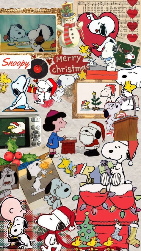 Snoopy Collage Wallpaper, Christmas Peanuts Wallpaper, Snoppy Wallpapers Iphone, Snoopy Christmas Aesthetic, Christmas Wallpaper Snoopy, Snoopy Wallpaper Christmas, Snoopy Christmas Images, Snoopy Collage, Snoopy Christmas Wallpaper