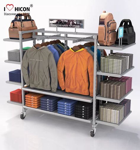 Flooring Gondola Retail Display Shelving Metal 4 - Way Hanging Apparel Display Rack Clothes Shop Display, Small Clothing Store Interior, Clothing Display, Clothing Store Displays, Retail Store Interior Design, Clothing Store Interior, Retail Fixtures, Clothing Store Design, Retail Store Display