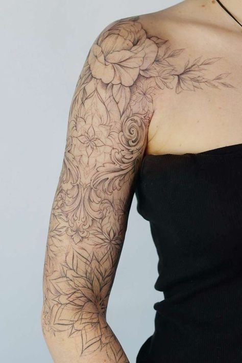 Sleeve Tattoos For Women Stencil, Tattoo Flowers Arm, Tattoo Sleeve Female, Women Half Sleeve Tattoo, Floral Sleeve Design, Tattoo With Birds, Half Sleeve Tattoo Ideas, Rose Half Sleeve, Half Arm Sleeve Tattoo