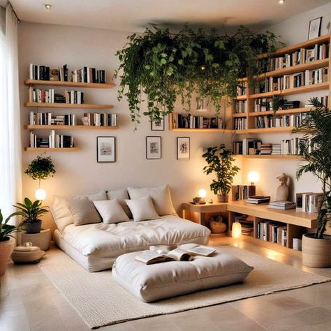 40 Home Library Ideas for Creating Cozy Reading Spaces Small Space Den Ideas, Me Space Ideas, Bookshelving Ideas Living Room, Bookshelves Study Room, Office Reading Nook Ideas, Book Shelves Living Room Wall, Aesthetic Bedroom With Bookshelves, Home Library Apartment, Cosy Reading Area