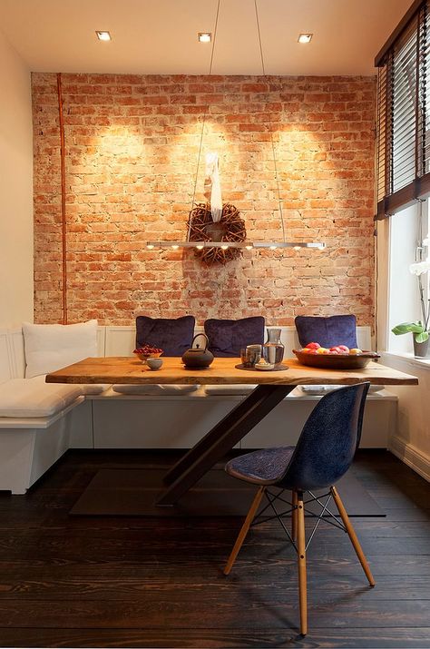 Small dining room makes elegant use of available space [Design: Plan W] Brick Wall Dining Room, Small Dining Room Furniture, Rustic Brick Wall, Small Dining Room Decor, Dining Room Layout, Small Dining Room Table, Small Dining Room, A Brick Wall, Rustic Dining Room