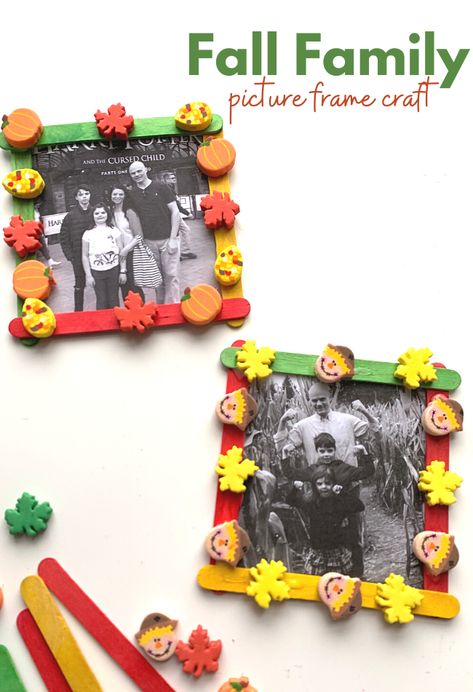 Family Picture Frame Craft - No Time For Flash Cards Thanksgiving Picture Frame Craft, Pumpkin Frame Craft, Family Crafts For Toddlers, Family Crafts Preschool, Popsicle Stick Picture Frame, Fall Picture Frame, Family Picture Frame, Kindergarten Party, Preschool Activity Books