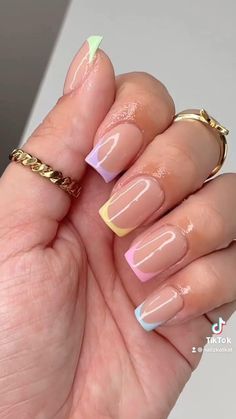 Almond Nails Designs Pastel Colors, Pastel French Tips, Pastel French Tip Nails, Multicolored Nails, Squoval Nails, Easter Nail Designs, White French Tip, Cute Spring Nails, Almond Nails Designs