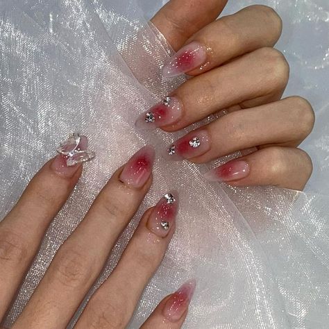 Red Blush Nails, Feminine Acrylic Nails, Korean Nail Art Gems, Pink Nails With Gems Jewels, Red Jewel Nails, Red Nails Gems, Red Jelly Nails Acrylic, Jelly Red Nails, Korean Nail With Charms