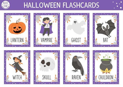 Halloween Flashcards Free Printable, Witch Lantern, Halloween Flashcards, Vampire Kids, Halloween Vocabulary, Halloween Flash, Cute Witch, Scavenger Hunts, Educational Printables