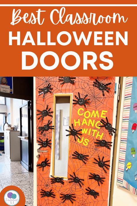 How To Decorate Your Door For Halloween, Hocus Pocus Everybody Focus Door, Kindergarten Door Ideas October, Come Hang With Us Halloween Door, Science Fall Door Decorations Classroom, October School Door Decorations, Classroom Doors For Halloween, Classroom Decorations For Halloween, 1st Grade Halloween Door Ideas