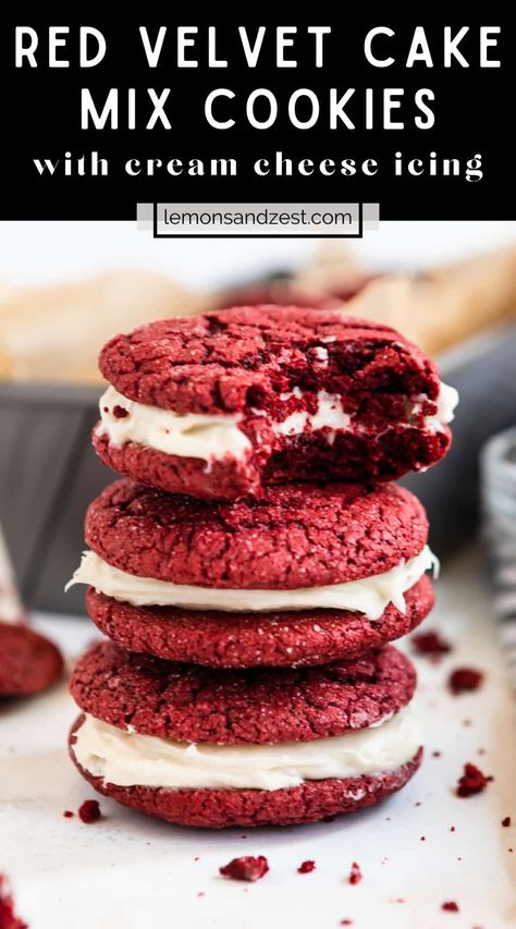 Red Velvet Cookie Sandwich Cake Mixes, Red Velvet Cookies With Cream Cheese Icing, Strange Recipes, Simple Red Velvet Cake, Superbowl Treats, Cookies With Cream Cheese Icing, Red Velvet Cake Cookies, Red Velvet Cake Mix Cookies, Red Velvet Sandwich Cookies