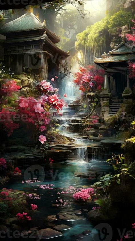 painting of a waterfall in a japanese garden with a waterfall. generative ai. Vector Food, Japanese Garden, Enchanted, Fantasy Art, Vector Free, Japan, Photo And Video, Frame, Art