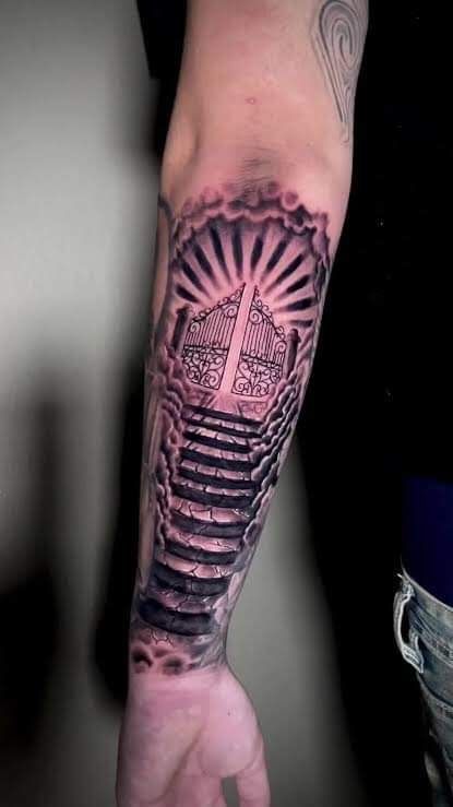 Gates Of Heaven Tattoo Forearm, Memorial Sleeve Tattoos, Tattoo For Neck, Gates Of Heaven Tattoo, Tattoos For Siblings, Matching Tattoos For Siblings, Heaven Tattoo, Mario Tattoo, Memorial Tattoo Ideas