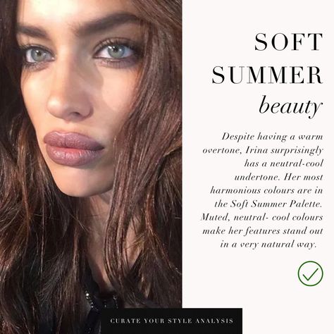 What are your thoughts on Irina with dark and soft makeup looks?🖤⁠ ⁠ #coloranalysis #colouranalysis #coloranalyst #winterpalette #summerpalette #softsummer Soft Summer Dark Hair, Soft Summer Dark, Soft Summer Color Palette Hair, Summer Dark Hair, Soft Summer Hair Color, Season Analysis, Shaded Summer, Soft Summer Makeup, Winter Deep