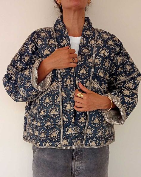 Quilt Kimono Jackets, Quilted Kimono Jacket, Warm Jackets For Women, Quilted Kimono, Reversible Blocks, Block Print Fabric, Indian Block Print, Quilt Jacket, Cotton Kimono