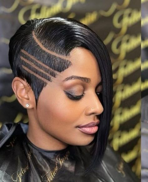 Side Shaved Bob Black Women, 27 Piece Quick Weave Long On One Side, Sew In With Shaved Side And Back, Bob Shaved Side Black Women, Partial Quick Weave Shaved Sides, One Side Shaved Hairstyles, Side Bob, Bob With Shaved Side, Shaved Haircut