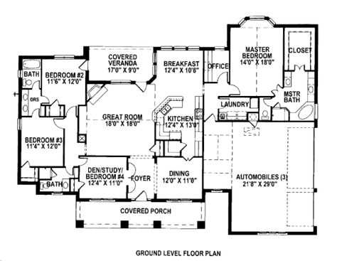 Plan 141-328 - Houseplans.com 2500 Sq Ft House Plans, Bungalow Floor Plan, Ranch Home Floor Plans, One Story House Plans, One Floor House Plans, 3 Bedroom Bungalow, Basement House Plans, Two Story House Plans, Ranch House Plan