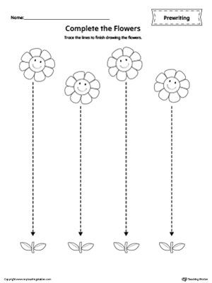 **FREE** Straight Line Tracing Prewriting Flower Worksheet Worksheet.Trace the lines to finish drawing the flowers in this  printable worksheet. Pre Writing Worksheets Free, F For Flower, Tracing Sheets For Preschoolers, Flower Worksheet, Drawing Straight Lines, Prewriting Worksheets, Trace The Lines, Line Tracing Worksheets, Line Tracing