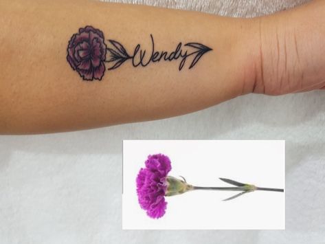 Carnation flower tattoo Purple Carnation Tattoo, Carnation Flower Tattoo, Carnation Tattoo, Purple Tattoos, Purple Carnations, Flower Tattoo Drawings, Small Flower Tattoos, Watercolor Flower, Flower Tattoo Arm