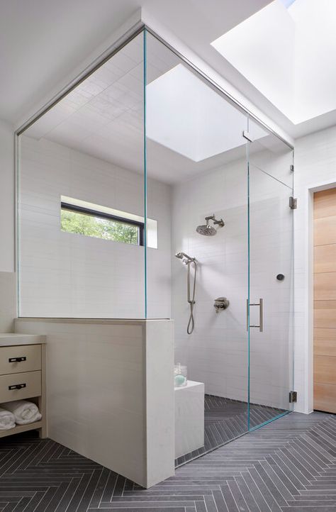 Glass Shower With Ledge, Full Glass Shower Master Bath, Half Glass Shower Door, Shower Glass Door Ideas, Glass Shower Ideas, Magical Bathroom, Glass Shower Door Cleaner, Shower Glass Doors, Cleaning Shower Glass