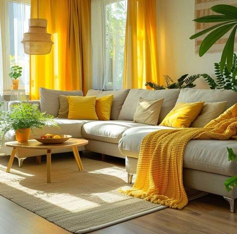 Yellow And Grey Living Room, Modern Family Room Decor, Yellow Curtains Living Room, Colors With Yellow, Grey And Yellow Living Room, Modern Family Room, Yellow Decor Living Room, Fireplace Room, Modern Family Rooms