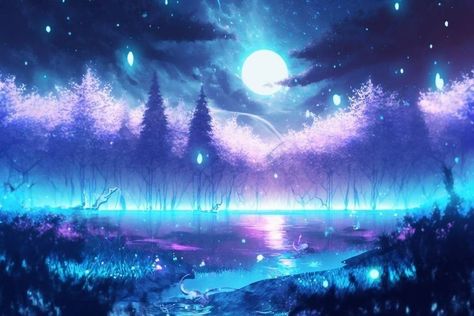 Anime Galaxy Wallpaper Pc, Fantasy Background Magic Scenery, Fantasy Lake, Pc Walpaper, Glowing Forest, 숲 사진, Forest At Night, Episode Backgrounds, Big Moon