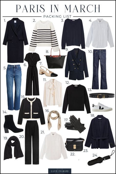 How to pack for Paris in March to look classic, timeless, and chic like a Parisian. March 2024 Fashion, French Spring Capsule Wardrobe 2024, Europe In March Outfits, Paris In March Outfits, How To Dress In Paris, March Outfit Ideas, Paris Spring Outfit, Paris In March, Paris Trip Outfits