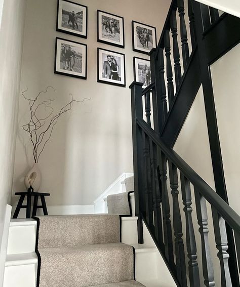 Corner Of Hallway Ideas, Cream And Black Staircase, Black Banister Hallway, Beige And Black Stairs, Black And White Hall Stairs And Landing, Egyptian Cotton And Black Hallway, Hallway Ideas Black Bannister, Neutral And Black Hallway, Panneling Rooms Hallway